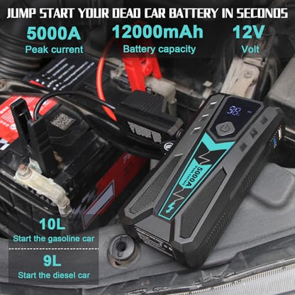 5000A Car Jump Starter for Truck SUV Boat Diesel | 12V 10L Gas/9L Diesel Battery Booster, 12000mAh Power Bank Fast Charge, 9-Layer Smart Clamps, 3-Mode LED, Portable Hard Case - color: black