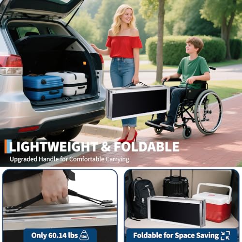 Portable Wheelchair Ramp Heavy Duty Aluminum Folding Ramp w/Non-Slip Surface, 600Lb Capacity, Threshold for Home Steps, Scooter for Car, Doorways, Curbs & Stairs (Foldable, Lightweight, Safety Lock) - size: 6 ft