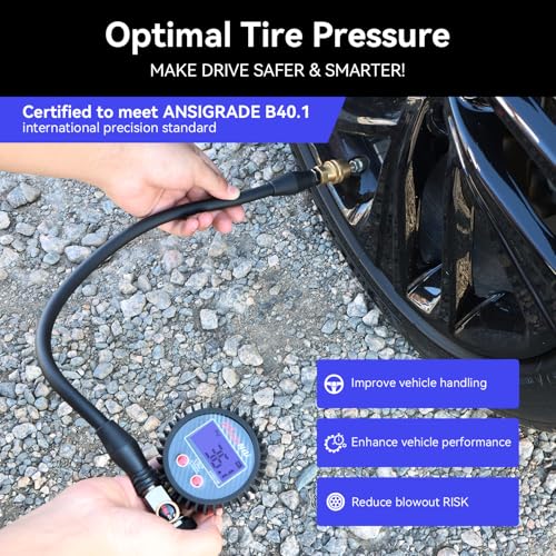 Digital Tire Inflator Gauge, 0-250 PSI, Heavy Duty Air Chuck with Quick Connect Coupler, Air Pressure Gun with Quick-Lock Air Chuck, Digital Tire Pressure Gauge with Inflator for Truck SUV