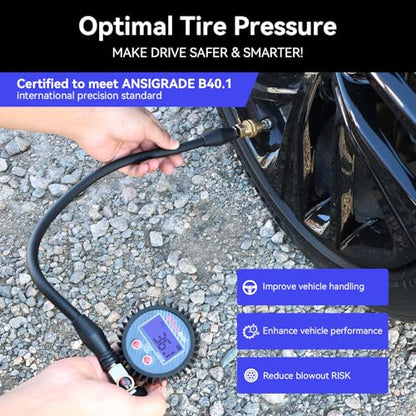 Digital Tire Inflator Gauge, 0-250 PSI, Heavy Duty Air Chuck with Quick Connect Coupler, Air Pressure Gun with Quick-Lock Air Chuck, Digital Tire Pressure Gauge with Inflator for Truck SUV