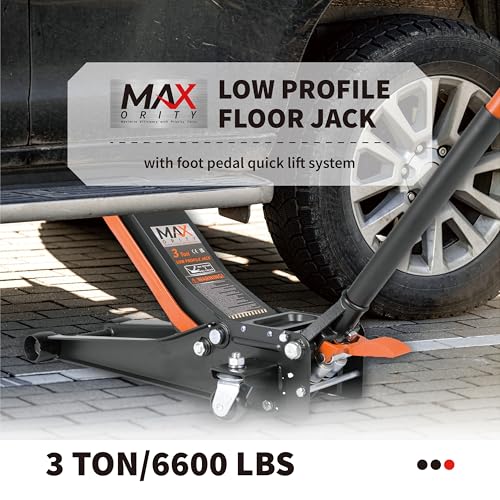 Maxority 3-Ton (6600lbs) Low-Profile Dual Pistons Heavy-Duty Steel Racing Floor Jack with Quick Lift Hydraulic Pump, Foot Pedal and Magentic Pad for Car Maintenance (Orange, 3 Ton Low Profile)