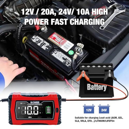 Hosyond Smart Battery Charger 10A 12V & 24V, Trickle Charger, Battery Maintainer and Desulfator, for Lithium,LiFePO4,Lead Acid (AGM/Gel/SLA..), for Car Motorcycle Lawn Mower