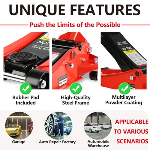 Floor Jack 2.5 Ton, Low Profile Floor Jack, Heavy Duty Steel Racing Jacks with Single Piston Quick Lift Pump, Hydraulic Car Jacks Lifting Range 3.3"-18.5" (2.5 Ton) - size: 2.5 Ton