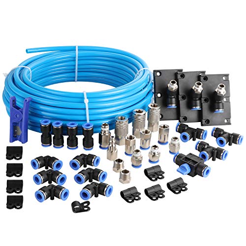 Shop Air Line Kit, 3/8 Inch (9.5MM) OD × 60 Feet Nylon Compressed Air Pipe, 200PSI, Cutter, Tees, Mounting clips, Connectors, 49PCS Garage Air Compressor Accessories Master Kit