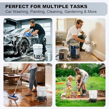 Heavy Duty 5 Gallon Bucket Dolly with 5 Swivel Casters, Professional Rolling Water Bucket Creeper for Car Detailing & Washing, 310 lbs Capacity, 2 Locking Brakes, Includes Premium Wash Mitt