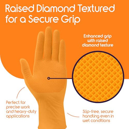 Inspire Heavy Duty Orange Nitrile Gloves | ULTRA 8 Mil Diamond Textured Grip | Industrial Mechanic Disposable Cleaning Gloves - size: XX-Large