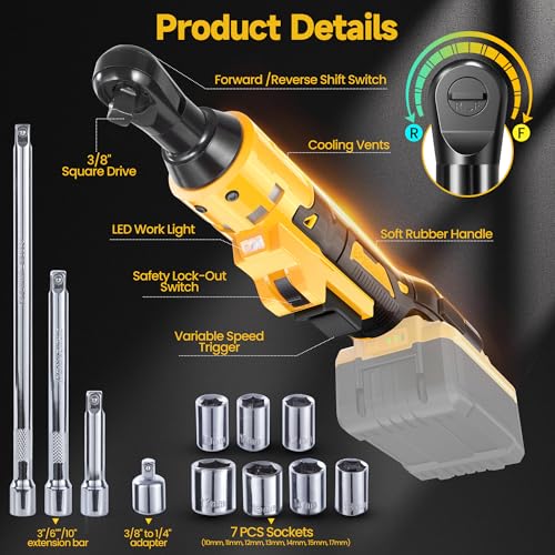 3/8” Cordless Ratchet Wrench DeWalt 20V Compatible, 74 Ft-Lbs Brushless Electric Ratchet, Variable Speed, 1/4" Adapter + 3"/6"/10" Extensions, Auto Repair(No Battery)