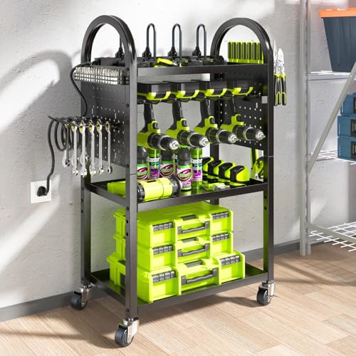 KAFAHOM Power Tool Organizer Cart with Charging Station,Garage Floor Rolling Storage on Wheels for Mechanic,Mobile 8 Drill Holder, Utility Cart with Battery Charging 8 Outlet Power Strip - color: Black-with Power
