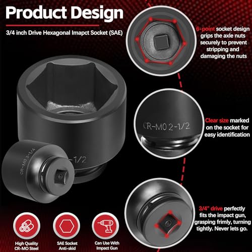 3/4'' Drive Spindle Axle Nut Impact Socket Set, 8 Pack Large Impact Socket Set, Axle Nut Socket Set, 6 Point SAE Size 2-1/16" to 2-1/2", For Wheel Hub Axle Nut Removal and Installation