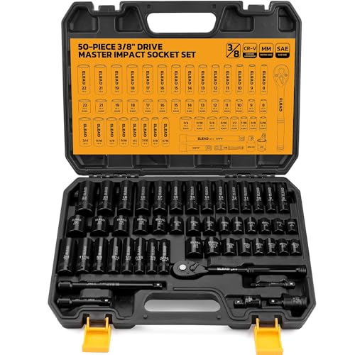 3/8" Drive Impact Socket Set - 50-Piece SAE (5/16" to 3/4") & Metric (8-22mm) Socket Wrench Set, 6-Point CR-V Steel Deep & Shallow Sockets with Ratchet Handle, Universal Joint, Extension Bar, Adapter - style: 3/8'' Drive Impact Socket Set