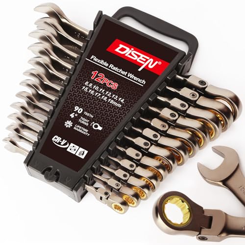 DISEN 12 Pcs Flex Head Ratcheting Wrench Set 90 Teeth, Metric Combination Ratchet Wrenches Set 8-19MM, Nickel Plating Cr-VSteel with Organizer Rack