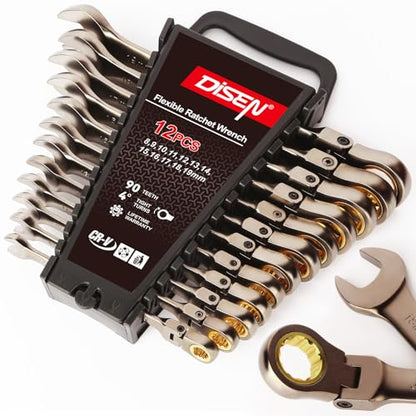 DISEN 12 Pcs Flex Head Ratcheting Wrench Set 90 Teeth, Metric Combination Ratchet Wrenches Set 8-19MM, Nickel Plating Cr-VSteel with Organizer Rack