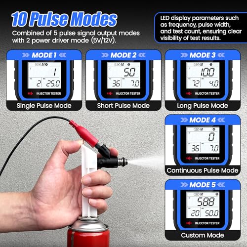 OBDRESOURCE Automotive Car Fuel Injector Tester and Adapter Kit,12V Vehicle Fuel System Diagnostic Tool with LED Display,10 Pulse Modes Injector Tester,12V/5V DC Output Power