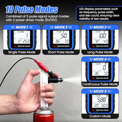 OBDRESOURCE Automotive Car Fuel Injector Tester and Adapter Kit,12V Vehicle Fuel System Diagnostic Tool with LED Display,10 Pulse Modes Injector Tester,12V/5V DC Output Power