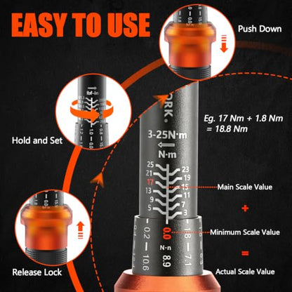 1/4 Torque Wrench, 3-25 Nm/26.6-221.3 in.lb, Mini 1/4" Drive Click Bike Torque Wrench Inch Pounds with 72-Tooth Dual-Direction, Small Bike Tool for Bicycle, MTB Maintenance, ±3% High Precision - size: 1/4-inch (mini, 3-25 nm /26.6-221.3 in.lb)