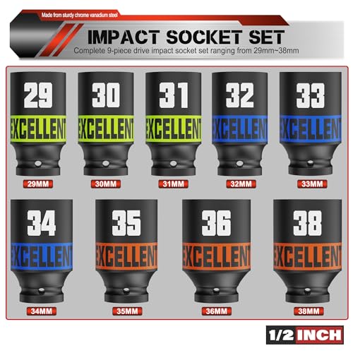9 Piece 1/2-Inch Drive Impact Socket Set, 29-38mm Alxe Nut Sockets, 6 Point Metric Sockets for Automotive Repair, Equipment Maintenance - size: 1/2 Inch Metric Axle