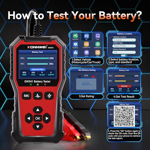 KONNWEI KW341 6V 12V 24V Battery Tester for Car Truck Motorcycle | Automotive Load tester, Cranking & charging test, CCA 10-2000, Supports lead-acid/AGM/GEL/EFB/Lithium, In/out-vehicle modes