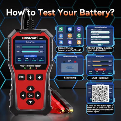 KONNWEI KW341 6V 12V 24V Battery Tester for Car Truck Motorcycle | Automotive Load tester, Cranking & charging test, CCA 10-2000, Supports lead-acid/AGM/GEL/EFB/Lithium, In/out-vehicle modes