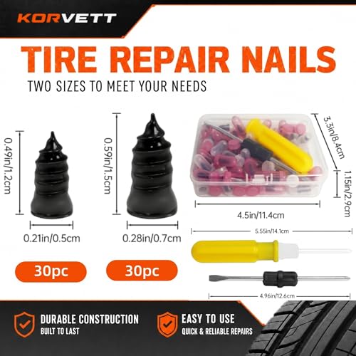 61PC Tire Plug Repair Screws Kit, Self-Tapping Rubber Nails with Screwdriver –Emergency Repair, Screw in Tire Plugs for Car, ATV, UTV, Motorcycle, Truck, Tractor