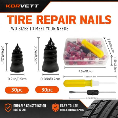 61PC Tire Plug Repair Screws Kit, Self-Tapping Rubber Nails with Screwdriver –Emergency Repair, Screw in Tire Plugs for Car, ATV, UTV, Motorcycle, Truck, Tractor