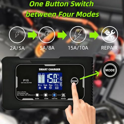 P15 12V/24V 15A Smart Car Battery Charger Maintainer, 9-Stage Charging with LCD Display, Auto Summer/Winter Mode Switching for Lead-Acid AGM Lithium LiFePO4 Batteries