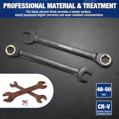 WORKPRO 22-Piece Ratcheting Wrench Set, Anti-slip Teeth, Ratchet Combination Wrench Sets with Organizer Box, Metric 6-18mm & SAE 1/4-3/4", Black Electrophoretic Coating - style: Regular