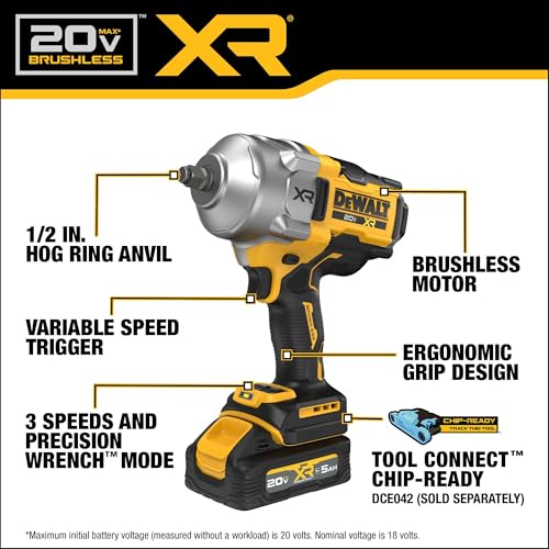 DEWALT 20V MAX XR 1/2 Inch Cordless Impact Wrench Kit with Hog Ring Anvil, Battery and Charger Included (DCF961GP1) - style: Kit with Battery