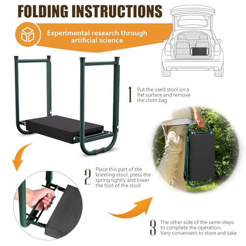 seasky Foldable Garden Kneeler and Seat, Anti-Tipping Gardening Bench Widened Thick Soft Kneeling Pad, Heavy Duty Gardening Stool with Tool Bag,Gardening Gift for Women - color: Dark Green