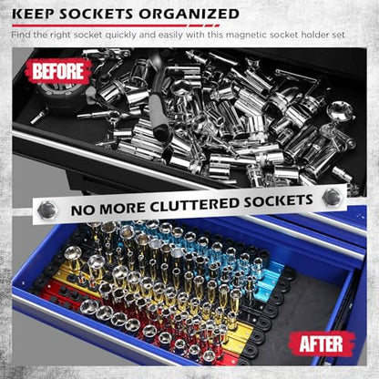 18-Piece Magnetic Socket Holder Organizer Set (Holds 240 Sockets), Heavy Duty 1/2, 3/8, 1/4-Inch Socket Racks Premium Quality Socket-Clip Rail Holder Aluminum Sockets Rack Kit for Tool Box Drawer - style: 18-Piece Alum. Master Set (Holds 240)