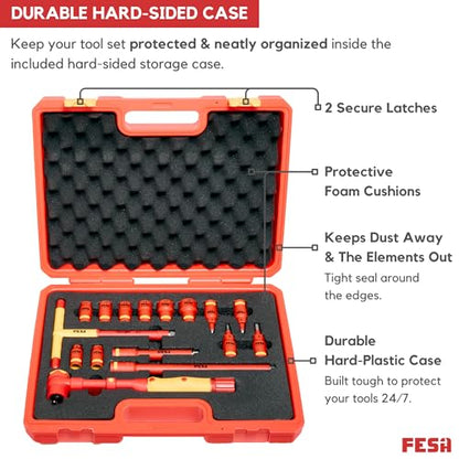 FESA 16-Piece Insulated Torque Wrench Set (3/8" Drive, 10-50 Nm Range) | with 8 Metric Sockets, 4 Hex Bit Sockets, 2 Extension Bars, T-Handle & Protective Case - style: 3/8" Drive, 10-50 Nm Wrench & Socket Set