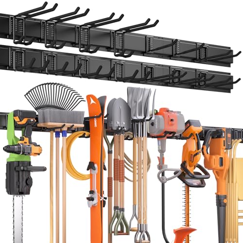 99 Inches Garage Storage, UUP Garage Organization, Wall Mount Garden Tool Organizer, Max 1000lbs Adjustable Metal Hook, Yard Shed Hanging Utility Rack, Heavy Duty Shelving for Rake Broom Mop Snowboard - size: 99" Alloy Steel with 6 Panels & 14 Hooks