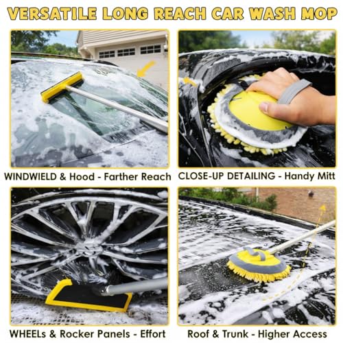 18FT Reach Car Wash Brush with Long Handle, Car Wash Kit with 4.6-12 Telescoping Pole, 20L Collapsible Bucket, Microfiber Cleaning Mop, Mitt, Window Squeegee for RV Truck SUV Boat Solar Pane Washing