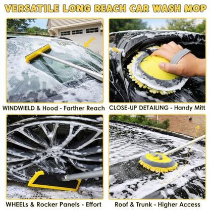 18FT Reach Car Wash Brush with Long Handle, Car Wash Kit with 4.6-12 Telescoping Pole, 20L Collapsible Bucket, Microfiber Cleaning Mop, Mitt, Window Squeegee for RV Truck SUV Boat Solar Pane Washing