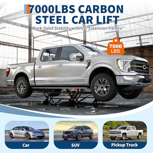 7000LBS Portable Car Lift for Trucks SUV Sedan, Heavy Duty Scissor Lift Jack with Safety Lock, Adjustable Height 6.26"-27", Hydraulic Vehicle Lifting System with Extension Plates - size: 7000 LBS-Black