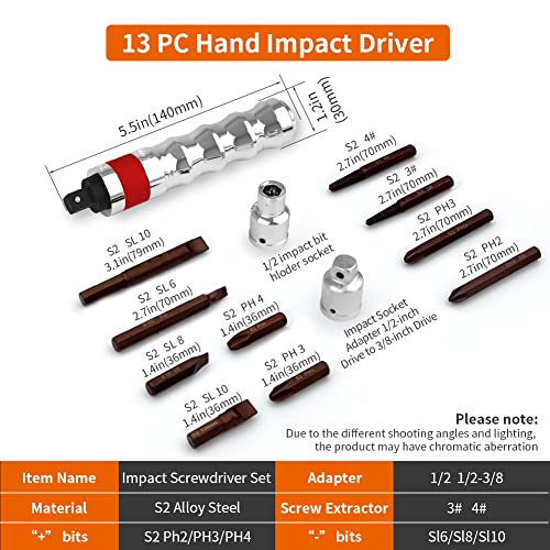 Hand Manual Reversible 1/2-inch 3/8-inch Impact Driver Set Extractor-13PCS Impact Screwdriver S2 Steel Disengage Rusted Fasteners or Frozen Bolts - color: 13 Pcs