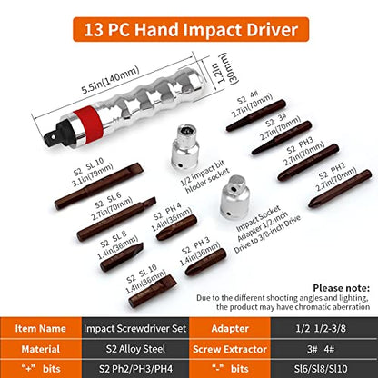 Hand Manual Reversible 1/2-inch 3/8-inch Impact Driver Set Extractor-13PCS Impact Screwdriver S2 Steel Disengage Rusted Fasteners or Frozen Bolts - color: 13 Pcs