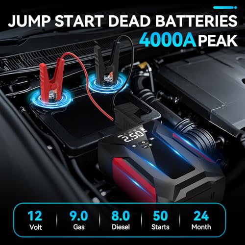 Jump Starter with Air Compressor, 4000A Car Battery Jump Starter for 12V Vehicles, Portable Battery Booster (9.0L Gas/8.0L Diesel), 150 PSI Tire Inflator, LCD Display, USB-C, LED Light (Black)