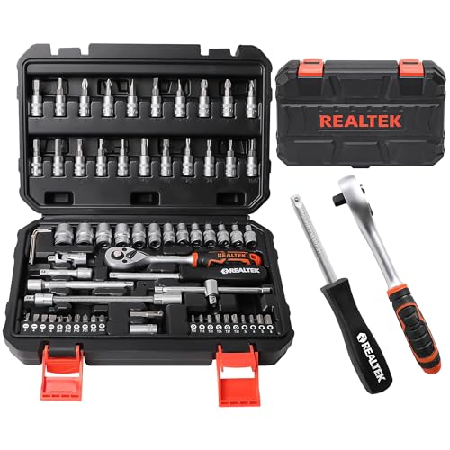 REALTEK 66 Pieces 1/4 inch Drive Socket Set, Ratchet Set with 72 Tooth Reversible Ratchet & Bit Socket Set, Professional Tool Set for Auto Repairing and Household - size: 66 Pieces 1/4" Drive Socket Set