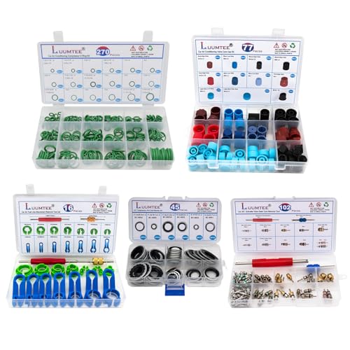 5 Set Car A/C Repair Kits,270pcs O-Ring Seals Kit+102PCS A/C Valve Core Kit+77pcs Charging Port Dust Caps+16pcs AC Fuel Line Disconnect Tool Set+45pcs Compressor Gasket Seals(510PCS)