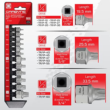 CARBYNE 12-Piece Torx Plus Stubby Low Profile Bit Socket Set, TP10/IP10 to TP60/IP60, S2 Steel, Dual Drive Internal Square and External Hex for Tight Spaces, Genuine Licensed Torx Plus - size: Torx Plus