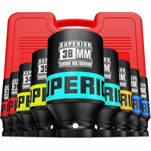 9 Piece 1/2" Drive Impact Socket Set, 29 mm-38 mm Axle Nut Socket, Metric, CR-MO, 6 Point, Large Equipment Maintenance, Home Repair, Car Repair and More - size: 1/2" Heavy Metric