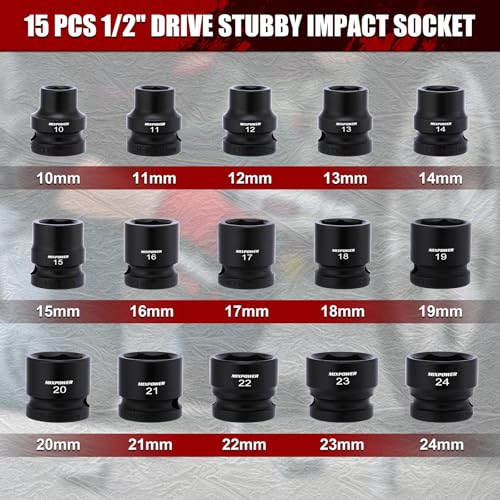 MIXPOWER 15-Piece 1/2" Drive Stubby Impact Socket,CR-MO,10-24mm,6-Point,Metric,Radius Corner Design, Axle Nut Impact Grade Socket for Easy Removal - size: 1/2" Drive / Metric Set