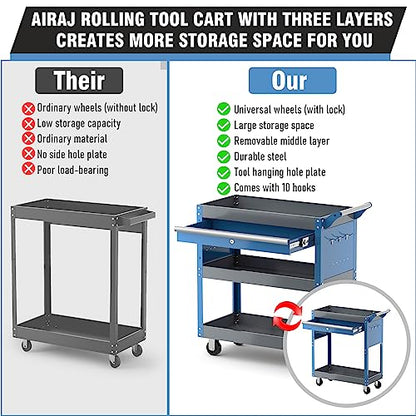 AIRAJ 3 Tier Rolling Tool Cart,Mechanic Tool Cart on Wheels,Industrial Utility Cart with Drawers and Pegboard,440 LBS Capacity Tool Storage Cart for Garage,Warehouse,Blue