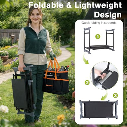 Garden Kneeler and Seat with Umbrella, 2-in-1 Foldable Gardening Stool with Adjustable Bracket, Detachable Tool Bags, Heavy Duty Kneeling Pad for Gardening (Black Orange) - color: Black & Orange