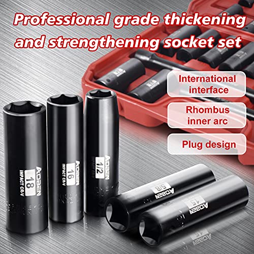 AOBEN 1/2-Inch Drive Impact Socket Set, 29 Pieces, 6 Point, SAE/Metric, (3/8" - 1", 10mm - 24mm), Deep, Cr-V Steel, Includes 3", 5", 10" Extension bars - size: 1/2-Inch 29PCS