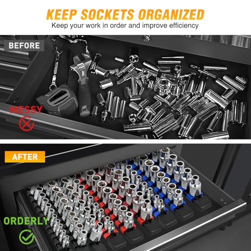 GOOACC Socket Organizer ABS Socket Holder Set 1/4" 3/8" 1/2" Drive Socket Rail Holders Stores up 129 Clips Impact Sockets Organizers Rails for Tool Box Drawer, 9 Piece Blue Red Black - size: Clip Rail 9PC 1/4"3/8"1/2" Blue Red Black