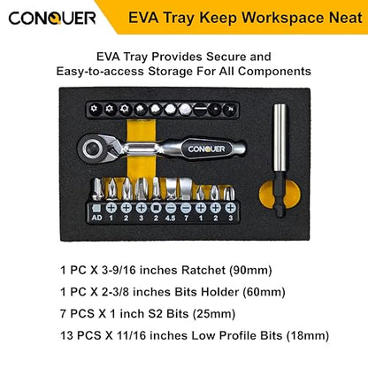CONQUER 22pc Mini Ratchet Screwdriver Set, 1/4" Right Angle Phillips Kit | 72-tooth gear, 5° swing, 48 ft-lbs torque, Cr-V/S2 steel, spin disk, quick-release bits, EVA tray, EDC tight-space tool - style: 22 PC Mini Ratchet set