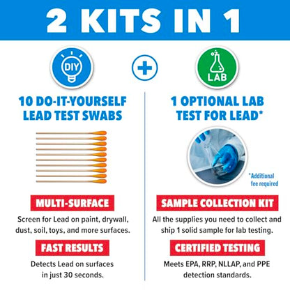 Safe Home® Lead in Solids Combo Test Kit – 10 DIY Swabs + Optional Testing at our EPA Certified Lab – Made in the USA for Homeowners & Contractors – (1 Pack)