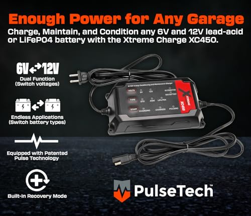 PulseTech XC450 Xtreme Charge 4 AMP Smart Battery Charger Maintainer, Trickle Charger | Test, Charge, Condition & Maintain All 6V/12V Batteries: Lead Acid, LiFeP04, Lithium, VRLA, AGM, Gel & Flooded