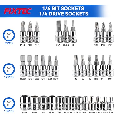 FIXTEC 46-Piece 1/4-Inch Drive Socket Ratchet Wrench Set, Metric Socket & Bit Set with Extension Bars, Universal Joint and Storage Case, CR-V Steel Tool Kit for Auto Repair and Home Maintenance